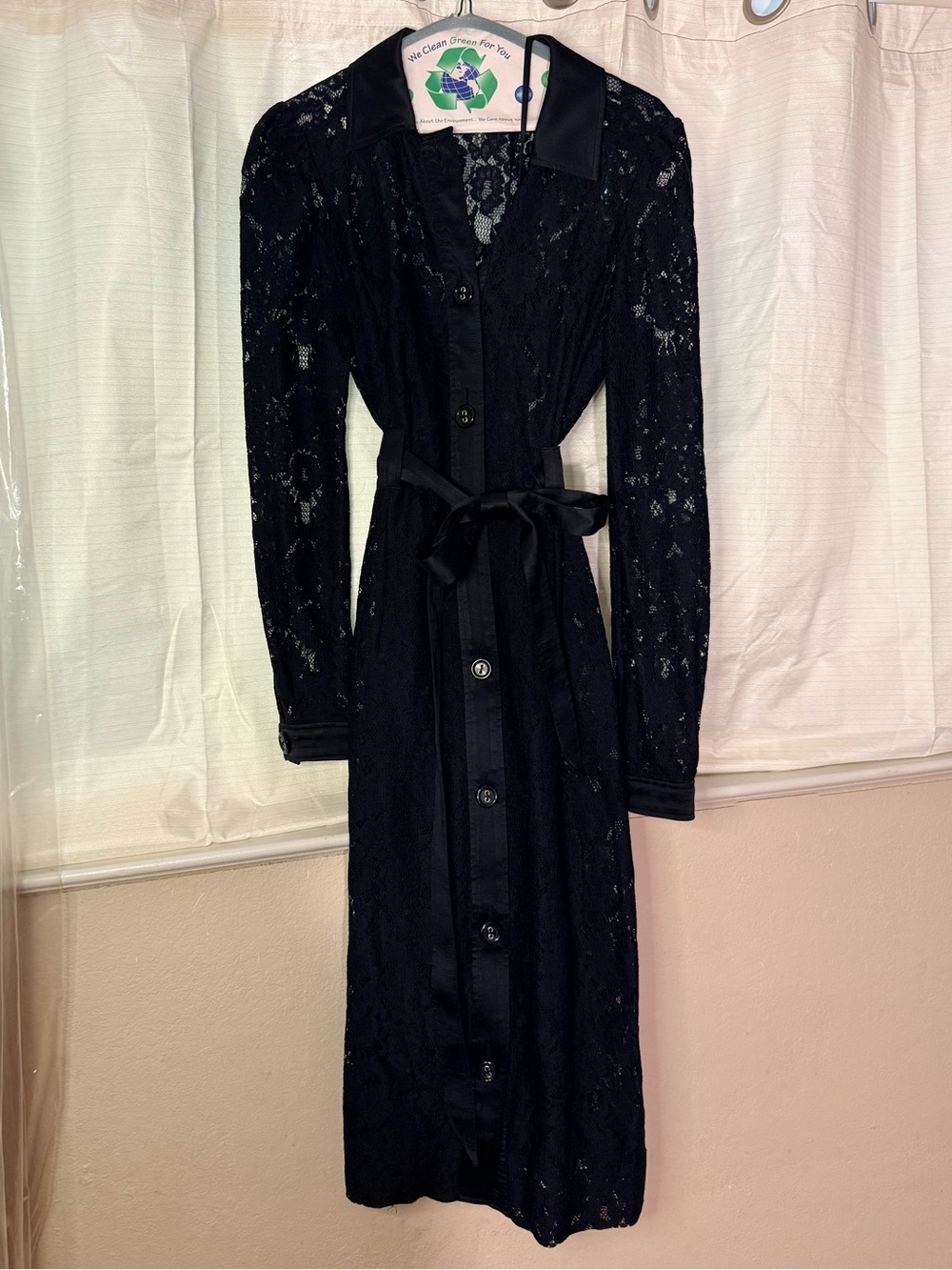 Dolce & Gabbana Vintage Black Lace Long-Sleeve Button Front Dress with Waist Tie